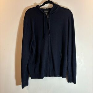 CLUB MONACO Sz  L 100% Merino Wool Navy Grey Drawstring Hooded Zip Up Cardigan
